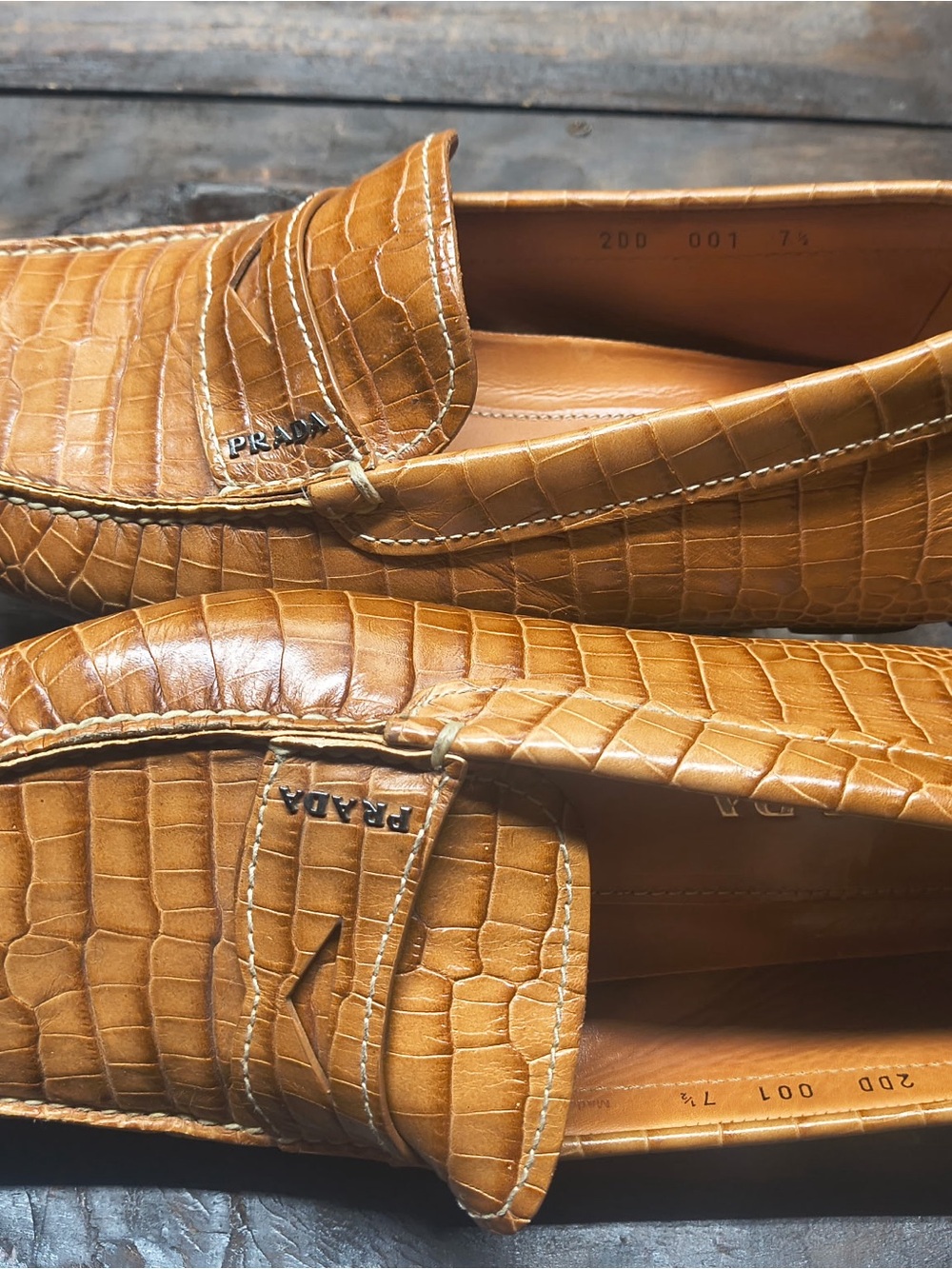 Prada Men's Cognac Croc-Embossed Leather Penny Loafers